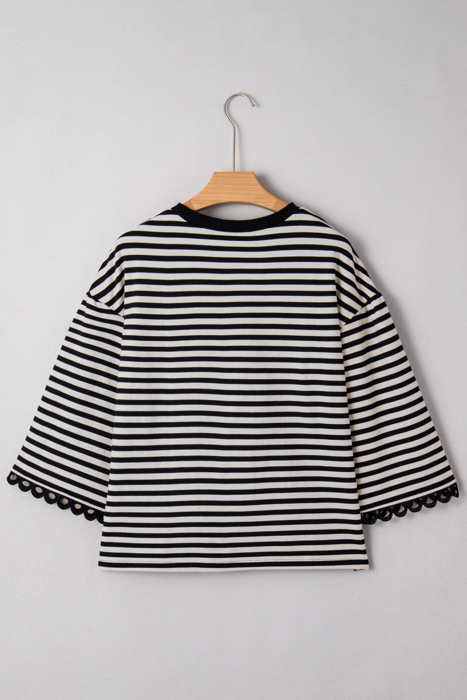 HIDDEN GEMS | Stripe Lace Trim 3/4 Wide Sleeve Top