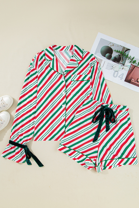 HIDDEN GEMS | Christmas Stripe Velvet Bow Pajama Set