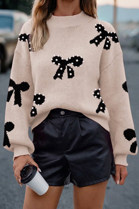 HIDDEN GEMS | Bow Pearl Embellished Drop Shoulder Sweater
