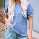  SALE! Denim Raw Edge Short Sleeve Top