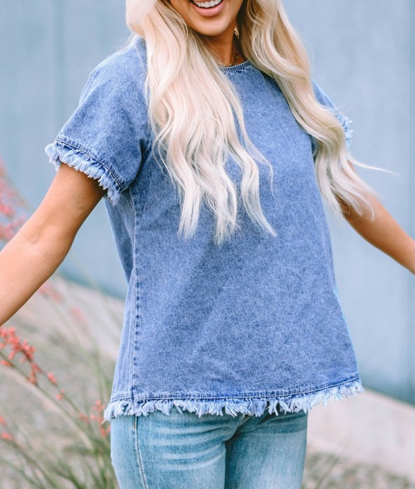 SALE! Denim Raw Edge Short Sleeve Top