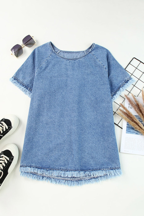 SALE! Denim Raw Edge Short Sleeve Top