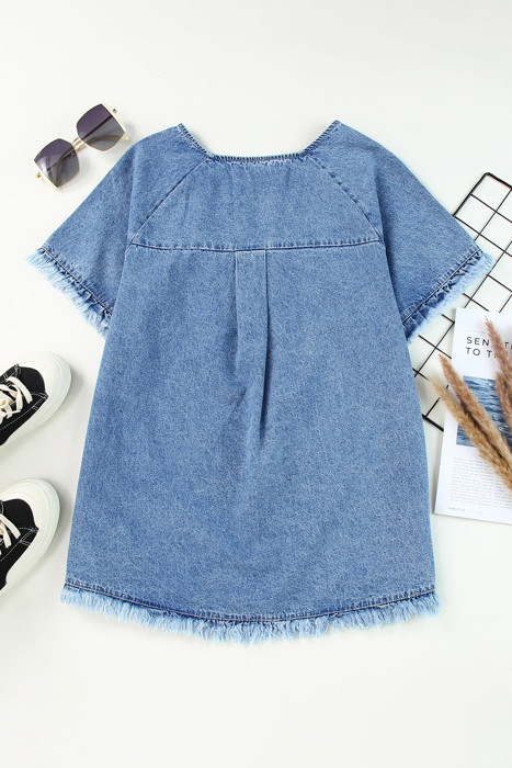 SALE! Denim Raw Edge Short Sleeve Top