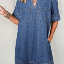  HIDDEN GEMS | Denim Collared V-Neck Pocketed Dress