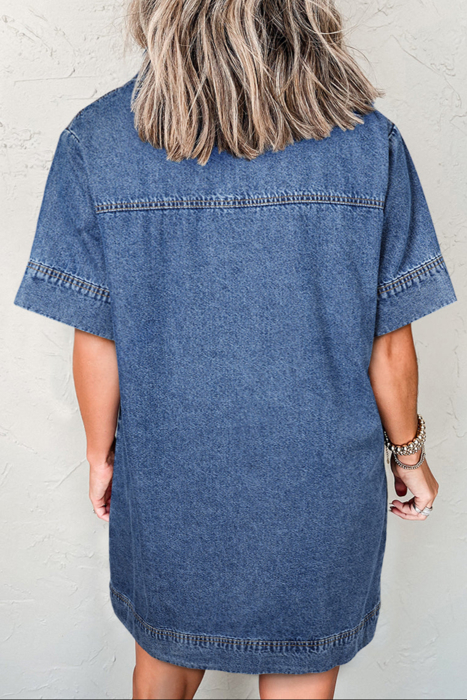 HIDDEN GEMS | Denim Collared V-Neck Pocketed Dress