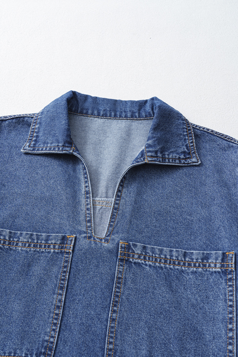 HIDDEN GEMS | Denim Collared V-Neck Pocketed Dress