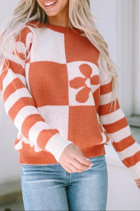 HIDDEN GEMS | Checker Floral Stripe Patchwork Sweater