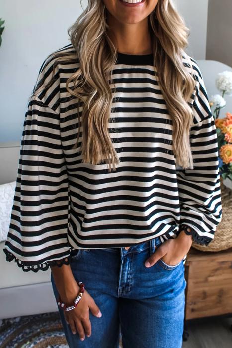 HIDDEN GEMS | Stripe Lace Trim 3/4 Wide Sleeve Top