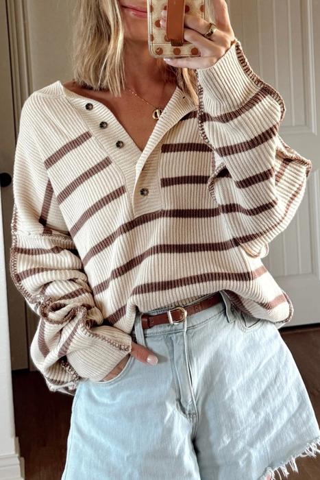 HIDDEN GEMS | Stripe Ribbed Henley Slouchy Sweater