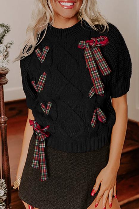 HIDDEN GEMS | Christmas Plaid Lace-Up Puff Sleeve Sweater