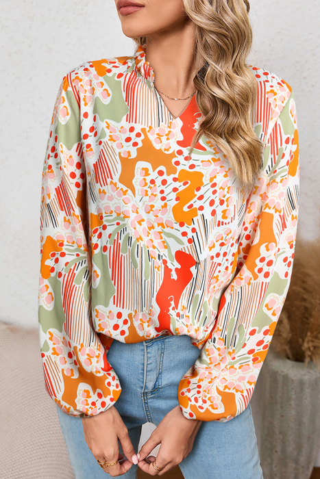 HIDDEN GEMS | Abstract Puff Sleeve V-Neck Blouse