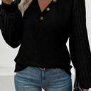  HIDDEN GEMS | Solid Ribbed Button V-Neck Top