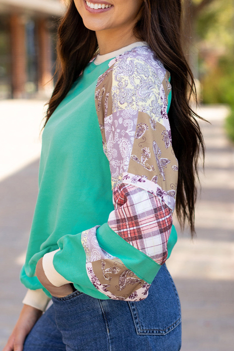 HIDDEN GEMS | Plaid Paisley Patchwork Long Sleeve Top