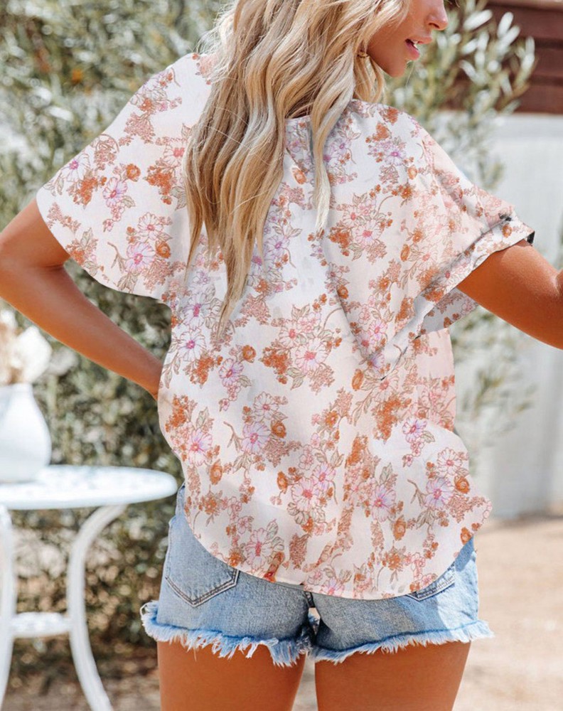 SALE! Floral Buttoned Flutter Sleeve Blouse