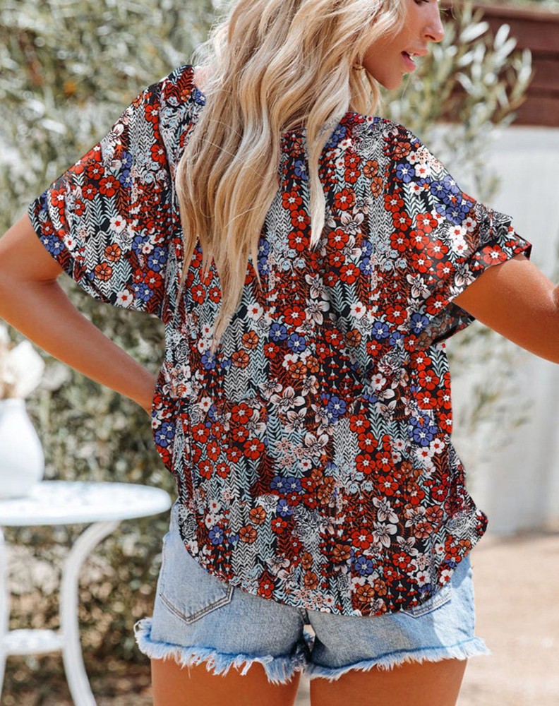 SALE! Floral Buttoned Flutter Sleeve Blouse