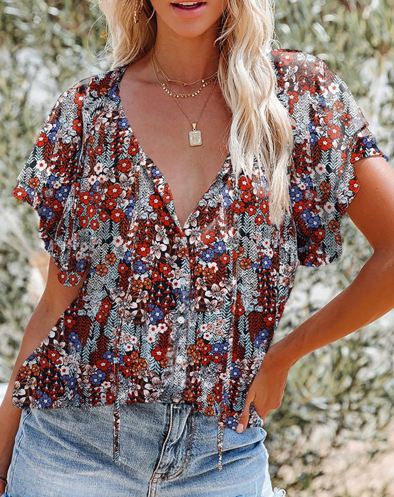 SALE! Floral Buttoned Flutter Sleeve Blouse