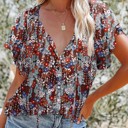  SALE! Floral Buttoned Flutter Sleeve Blouse