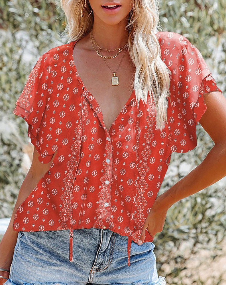 SALE! Floral Buttoned Flutter Sleeve Blouse