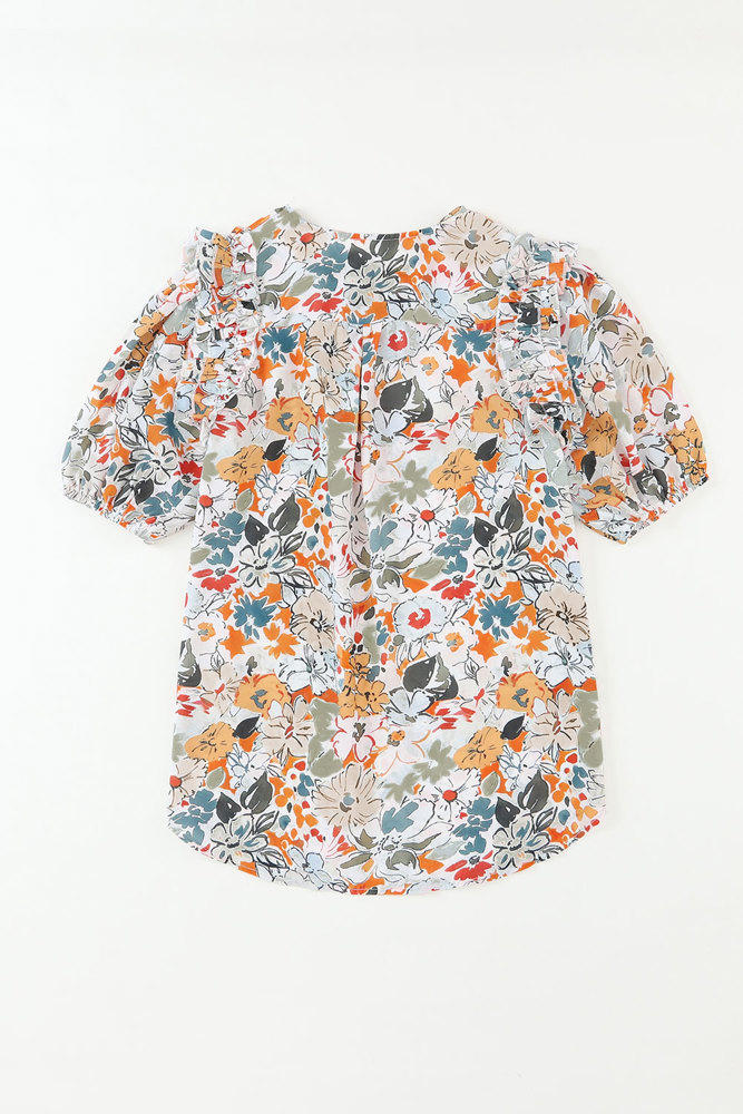 Sale! Multicolor Floral Split V Neck Blouse (Size XL)