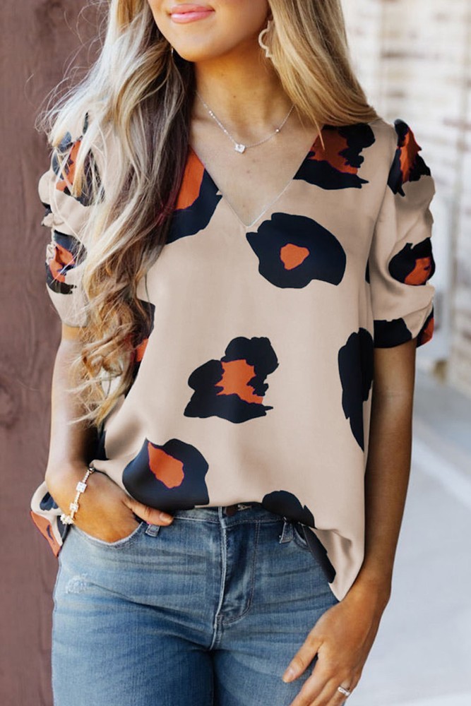 SALE! Leopard Ruched Short Sleeve Blouse