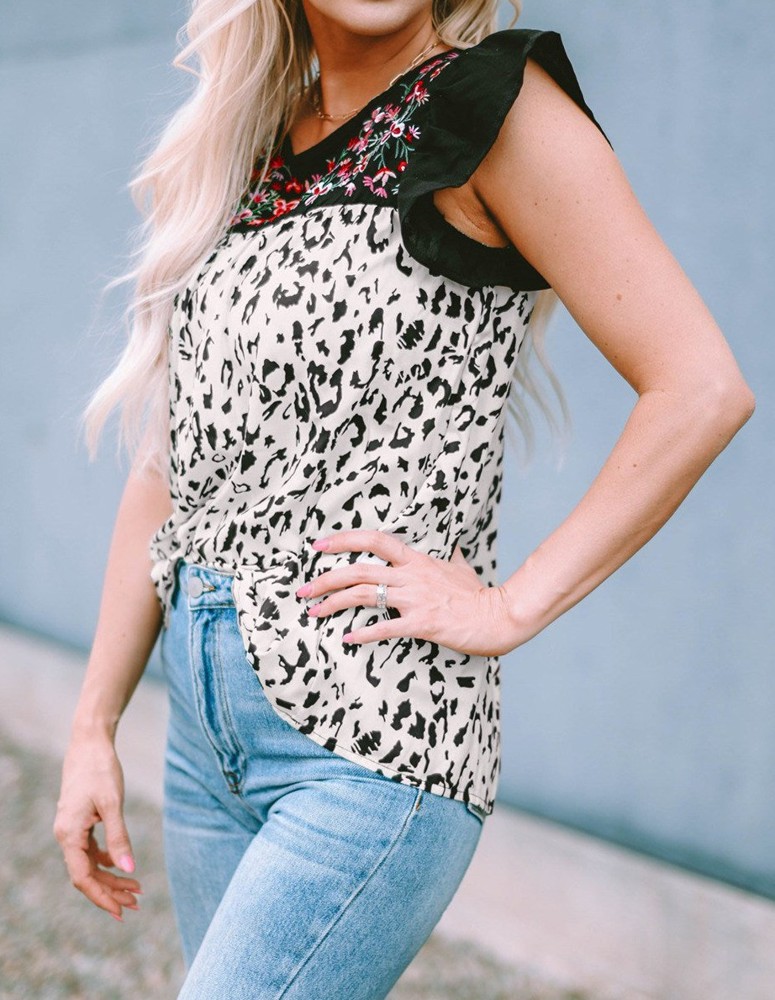 SALE! Leopard Floral Embroidered Babydoll Top