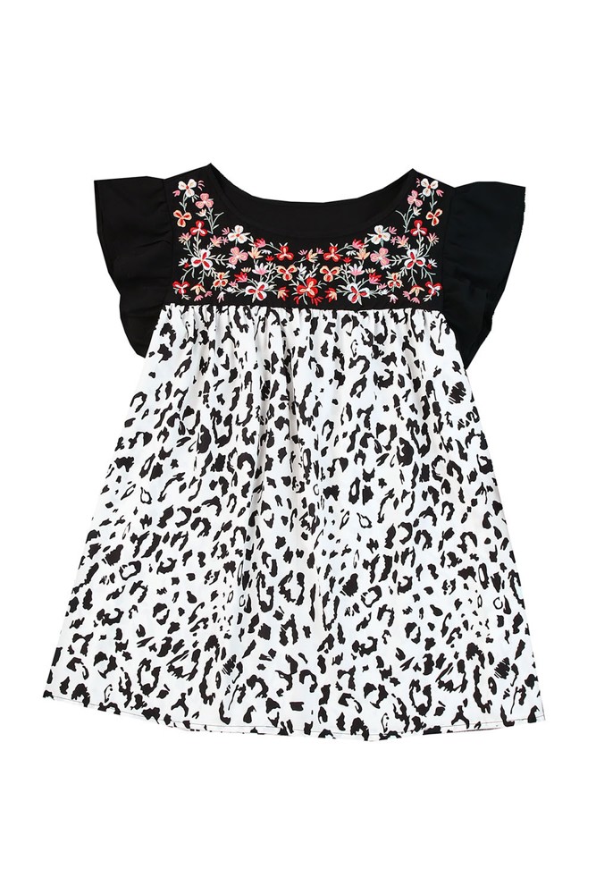 SALE! Leopard Floral Embroidered Babydoll Top