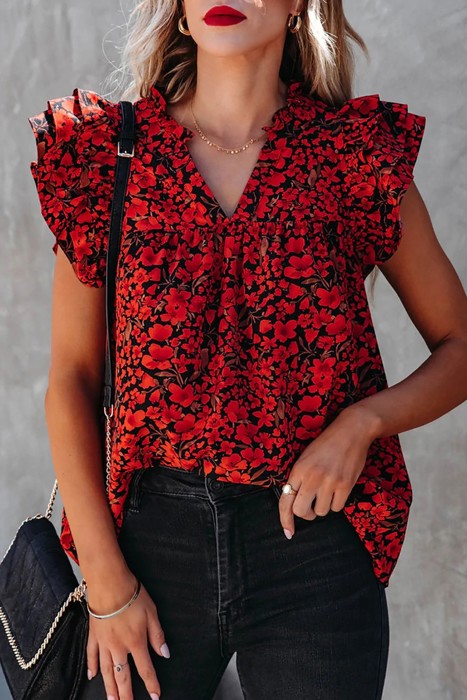 Sale! Floral Ruffle Sleeve V-Neck Top