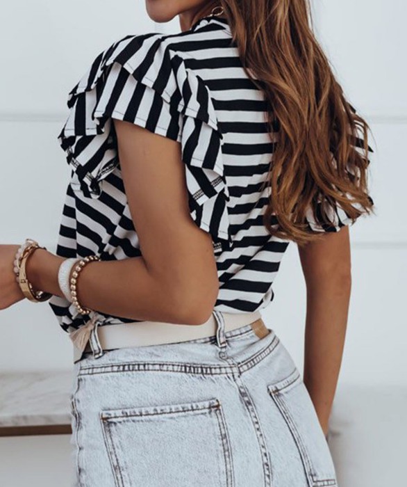 SALE! Stripe Print Ruffled Sleeve Tee