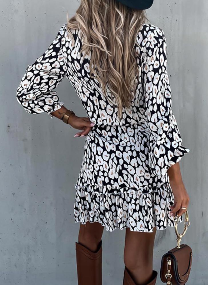 SALE! Leopard Tiered Long Sleeve Mini Dress