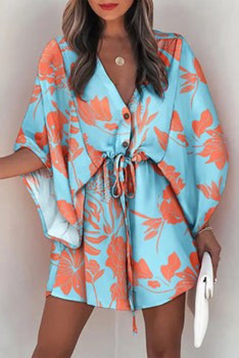 SALE! Printed Buttoned Kimono Sleeve Dress