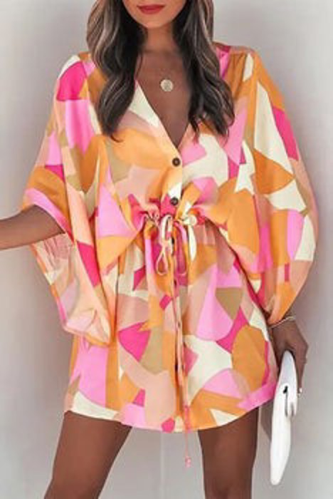 SALE! Printed Buttoned Kimono Sleeve Dress