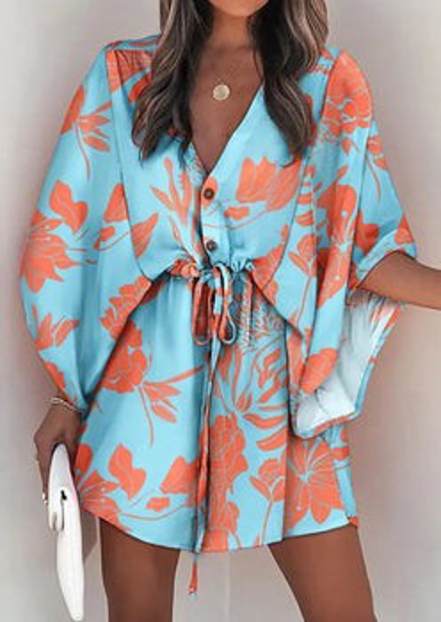 SALE! Printed Buttoned Kimono Sleeve Dress