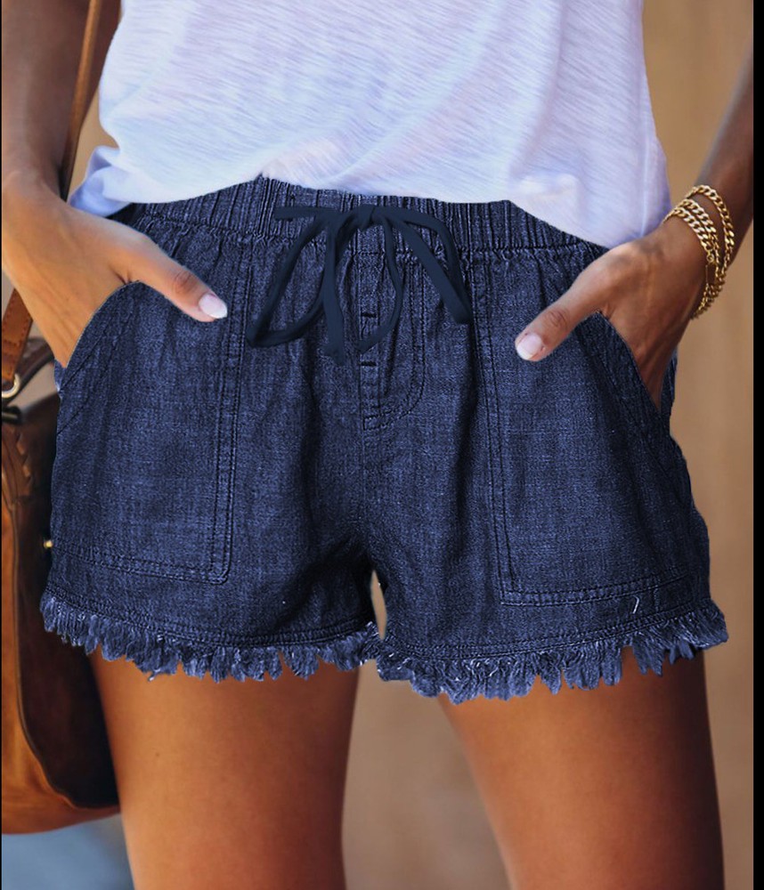 SALE! Denim Frayed Hem Drawstring Shorts