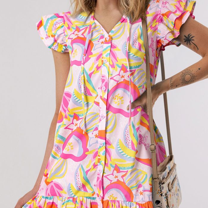 HIDDEN GEMS | Abstract Floral Ruffle Buttoned Dress