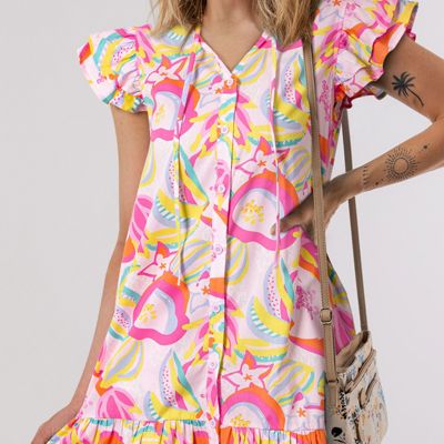 HIDDEN GEMS | Abstract Floral Ruffle Buttoned Dress
