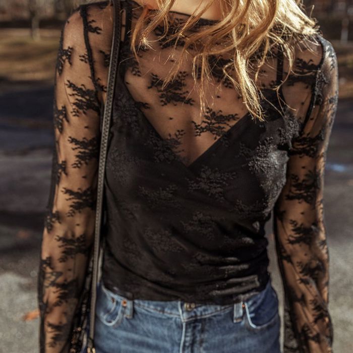 HIDDEN GEMS | Lace Mesh Sheer Long Sleeve Blouse
