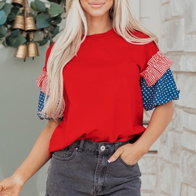 Stars & Stripe Ruffle Puff Sleeve Top