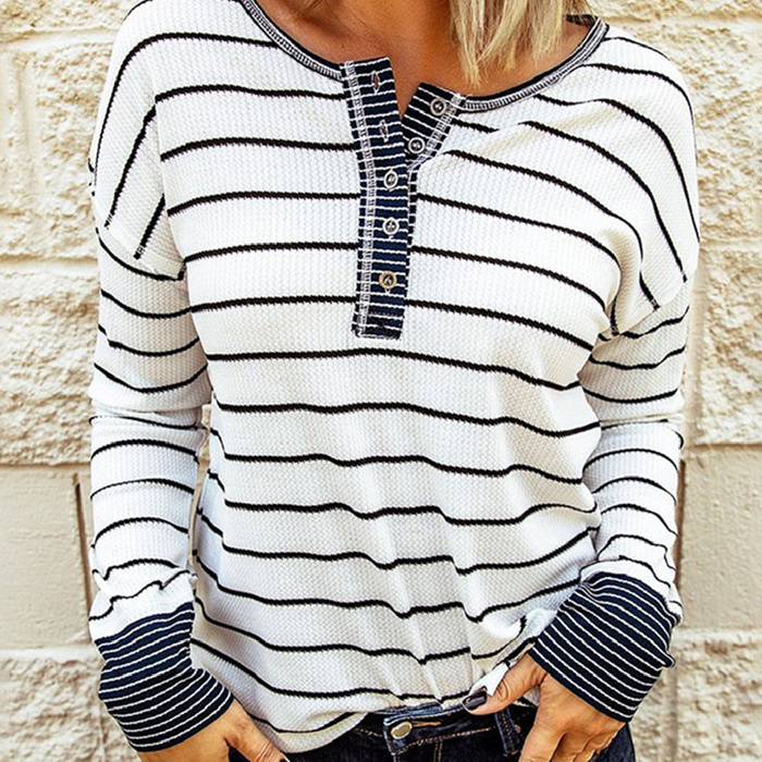 Clearance! Stripe Waffle Knit Buttoned Henley Top