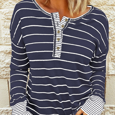 HIDDEN GEMS | Stripe Waffle Knit Buttoned Henley Top