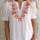 White Small SALE! Floral Embroidered Puff Sleeve Top