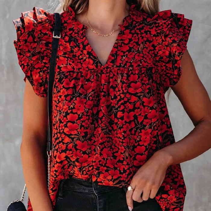 Sale! Floral Ruffle Sleeve V-Neck Top