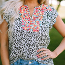  SALE! Floral Embroidered Leopard Top (Smalls left!)