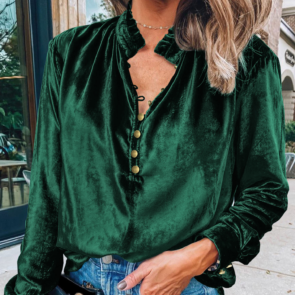 HIDDEN GEMS Velvet Ruffle Buttoned Top