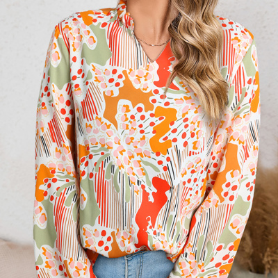 HIDDEN GEMS | Abstract Puff Sleeve V-Neck Blouse