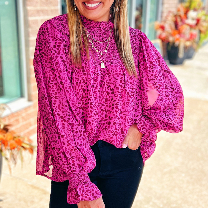 HIDDEN GEMS Leopard Smocked Flowy Blouse