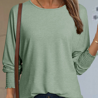 HIDDEN GEMS | Solid Shirred Cuffs Long Sleeve T-Shirt