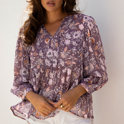 HIDDEN GEMS | Boho Floral 3/4 Sleeve Babydoll Blouse
