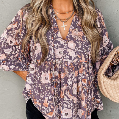 HIDDEN GEMS | Boho Floral 3/4 Sleeve Babydoll Blouse