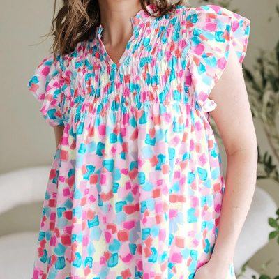 HIDDEN GEMS | Abstract Shirred Ruffle Sleeve Blouse