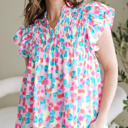  HIDDEN GEMS | Abstract Shirred Ruffle Sleeve Blouse